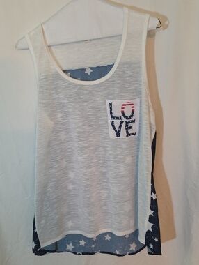 Women's White Sheer Tank Top with Star-Print Back and 'LOVE' Pocket